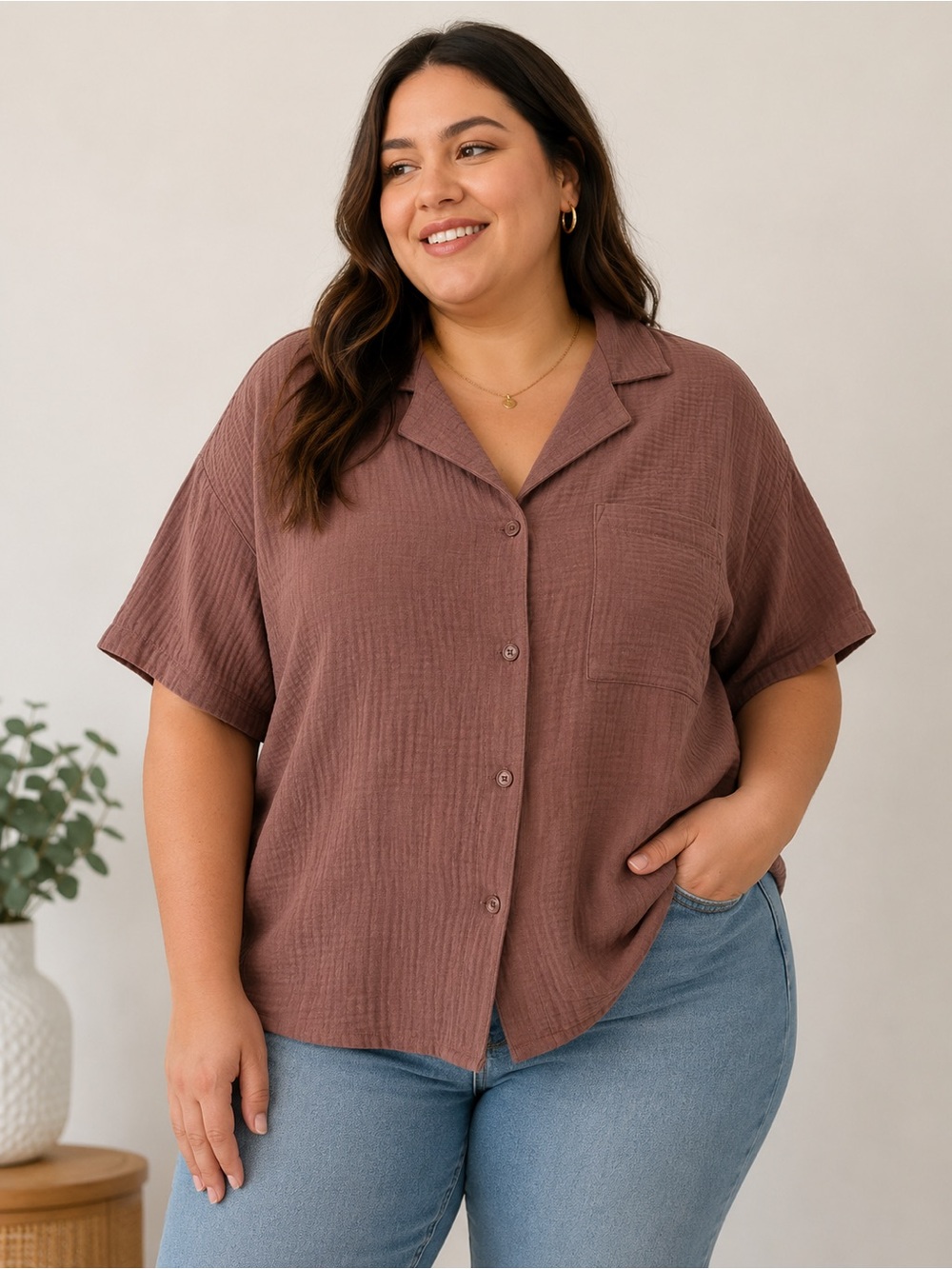 Stars above Relaxed Button-Front Plus-Size Top